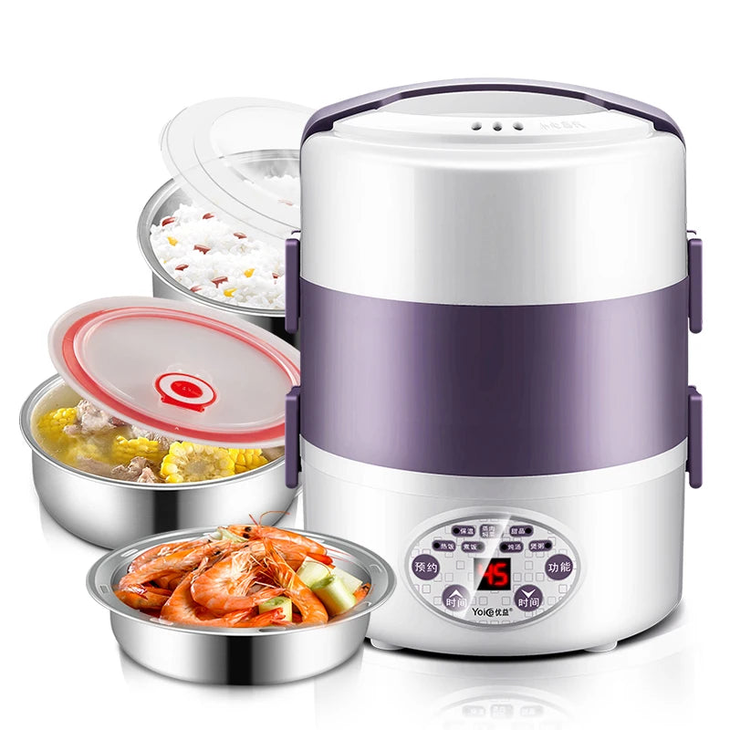 2L Electric Lunch Box 3 Layer Multifunction Steam Heating Rice Cooker with Steamer Portable Insulation Food Container Warmer