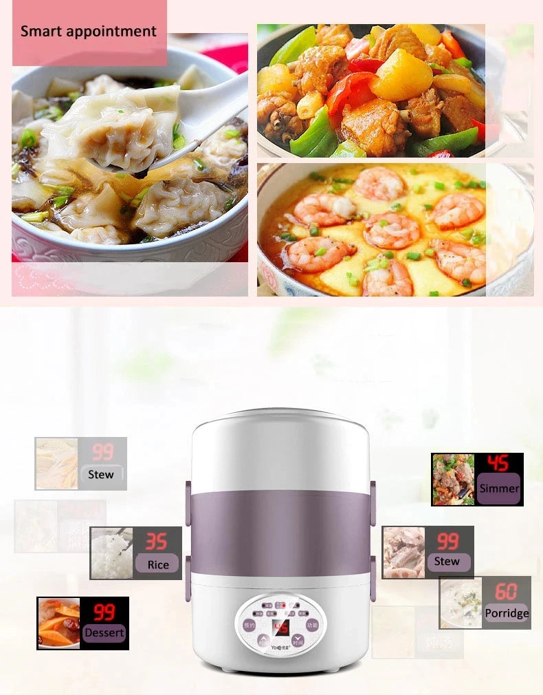 2L Electric Lunch Box 3 Layer Multifunction Steam Heating Rice Cooker with Steamer Portable Insulation Food Container Warmer