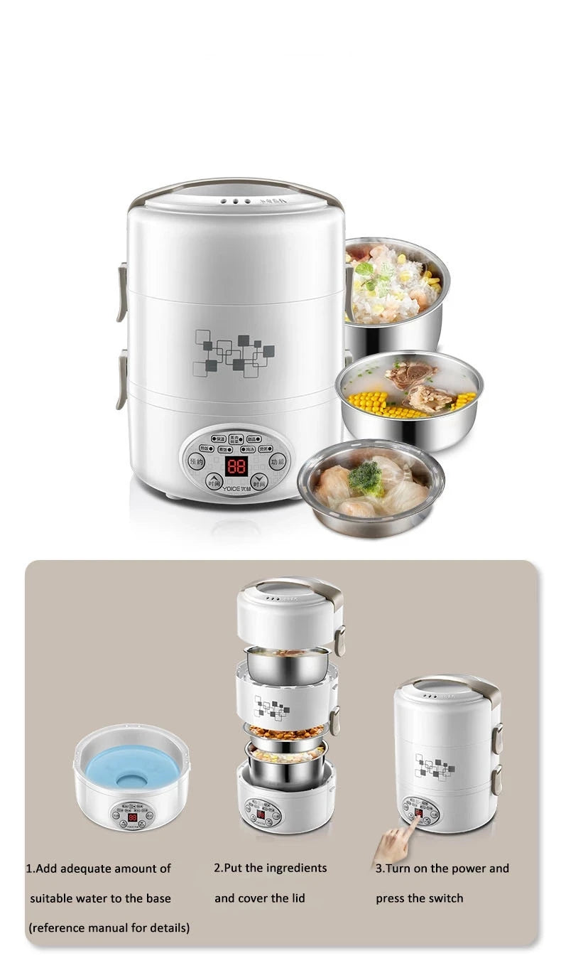 2L Electric Lunch Box 3 Layer Multifunction Steam Heating Rice Cooker with Steamer Portable Insulation Food Container Warmer
