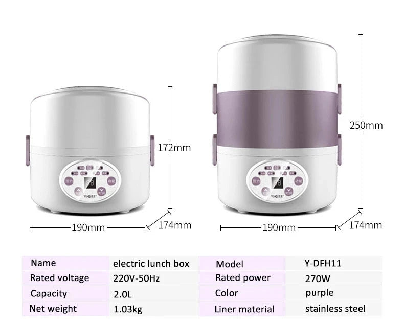 2L Electric Lunch Box 3 Layer Multifunction Steam Heating Rice Cooker with Steamer Portable Insulation Food Container Warmer