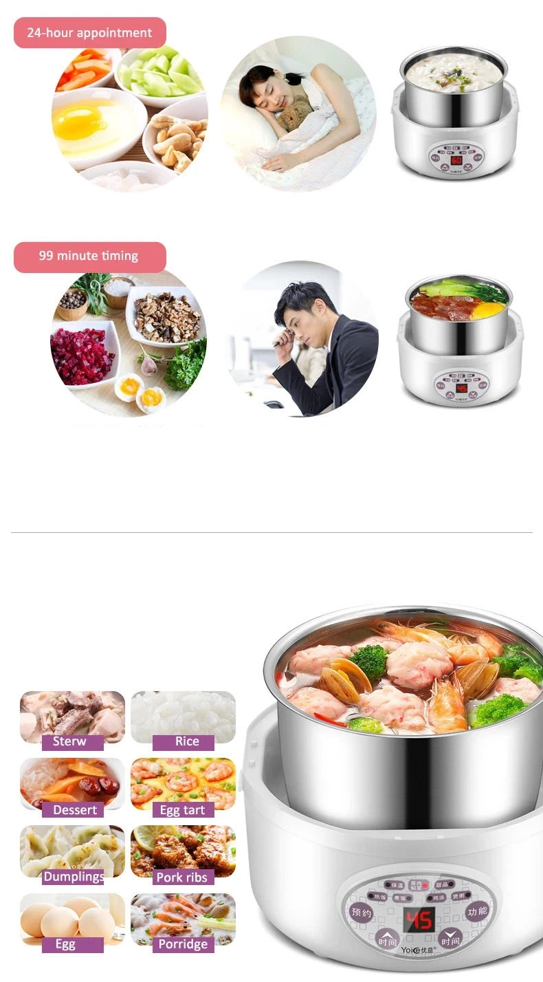 2L Electric Lunch Box 3 Layer Multifunction Steam Heating Rice Cooker with Steamer Portable Insulation Food Container Warmer