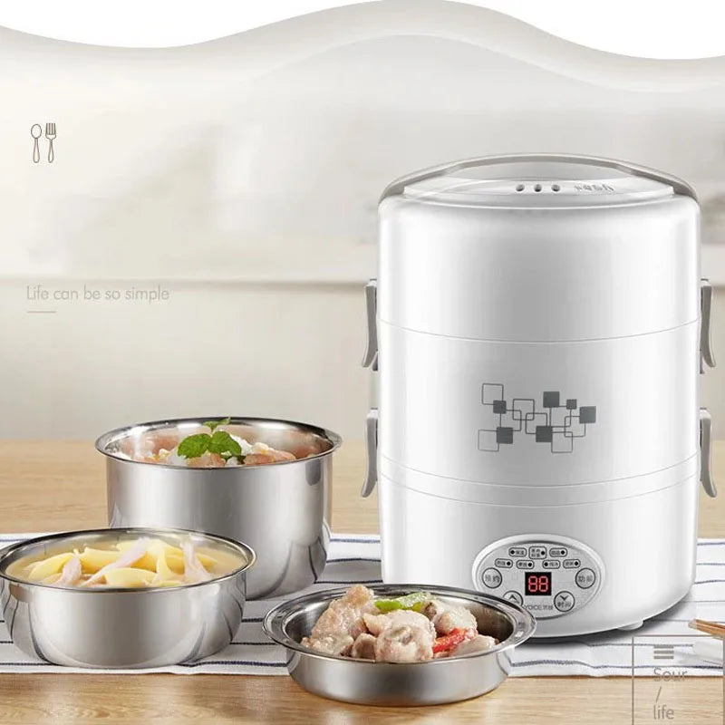2L Electric Lunch Box 3 Layer Multifunction Steam Heating Rice Cooker with Steamer Portable Insulation Food Container Warmer