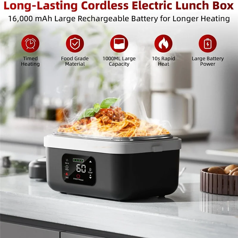 B59B-Electric Heated Lunch Box Rechargeable Self Heating Food Warmer With 1L Container Fork Spoon For Outdoor AU Plug