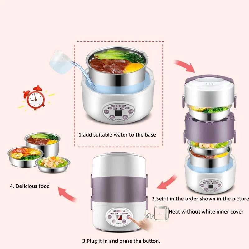 2L Electric Lunch Box 3 Layer Multifunction Steam Heating Rice Cooker with Steamer Portable Insulation Food Container Warmer