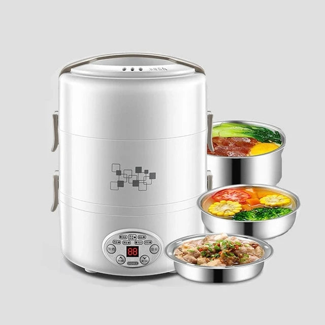 2L Electric Lunch Box 3 Layer Multifunction Steam Heating Rice Cooker with Steamer Portable Insulation Food Container Warmer