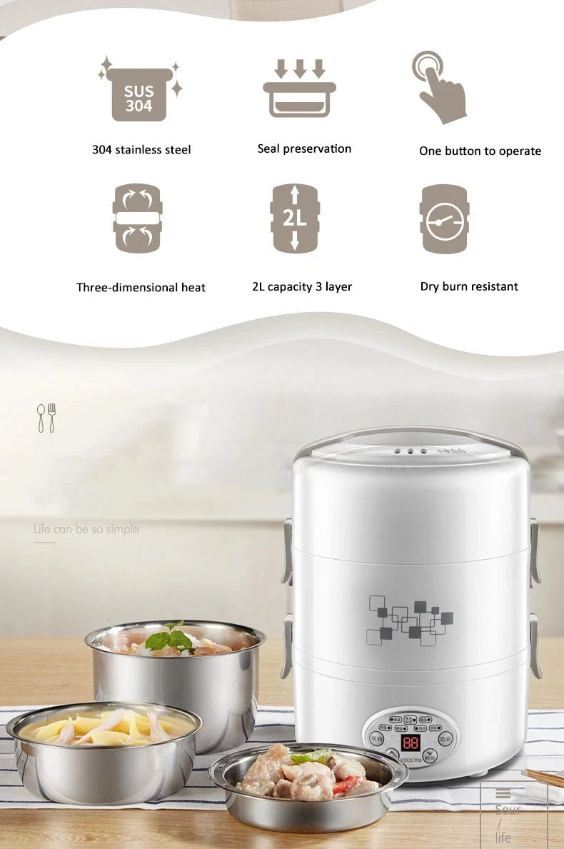 2L Electric Lunch Box 3 Layer Multifunction Steam Heating Rice Cooker with Steamer Portable Insulation Food Container Warmer
