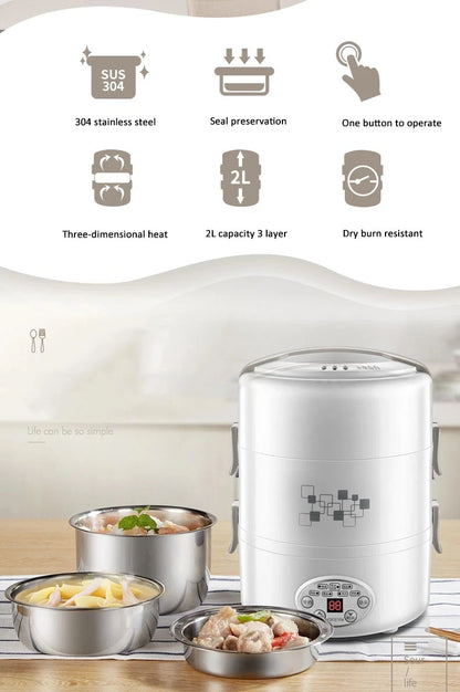 2L Electric Lunch Box 3 Layer Multifunction Steam Heating Rice Cooker with Steamer Portable Insulation Food Container Warmer