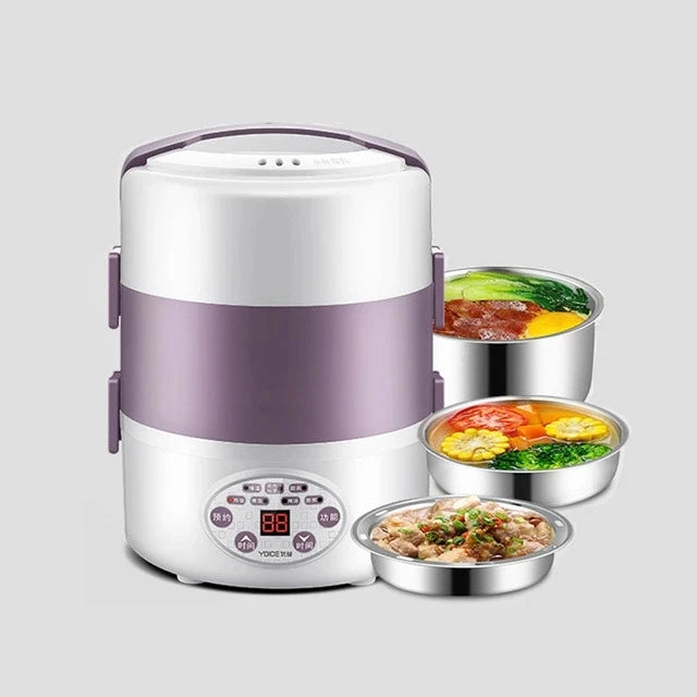 2L Electric Lunch Box 3 Layer Multifunction Steam Heating Rice Cooker with Steamer Portable Insulation Food Container Warmer