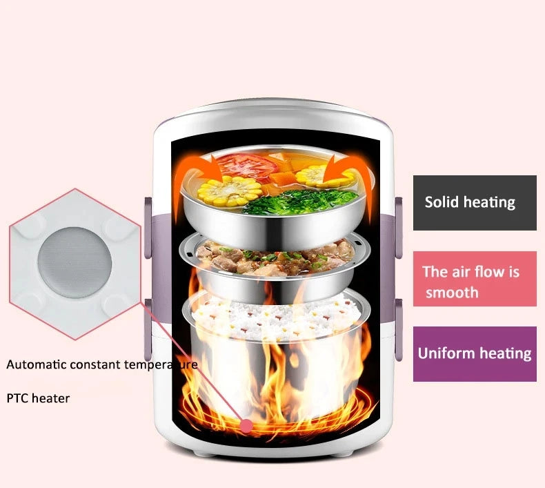 2L Electric Lunch Box 3 Layer Multifunction Steam Heating Rice Cooker with Steamer Portable Insulation Food Container Warmer