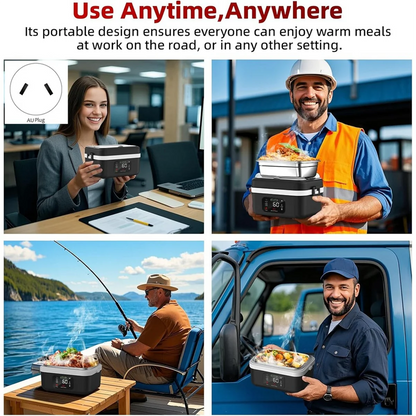 B59B-Electric Heated Lunch Box Rechargeable Self Heating Food Warmer With 1L Container Fork Spoon For Outdoor AU Plug