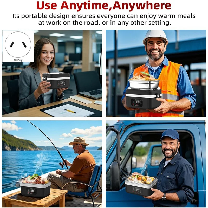 B59B-Electric Heated Lunch Box Rechargeable Self Heating Food Warmer With 1L Container Fork Spoon For Outdoor AU Plug