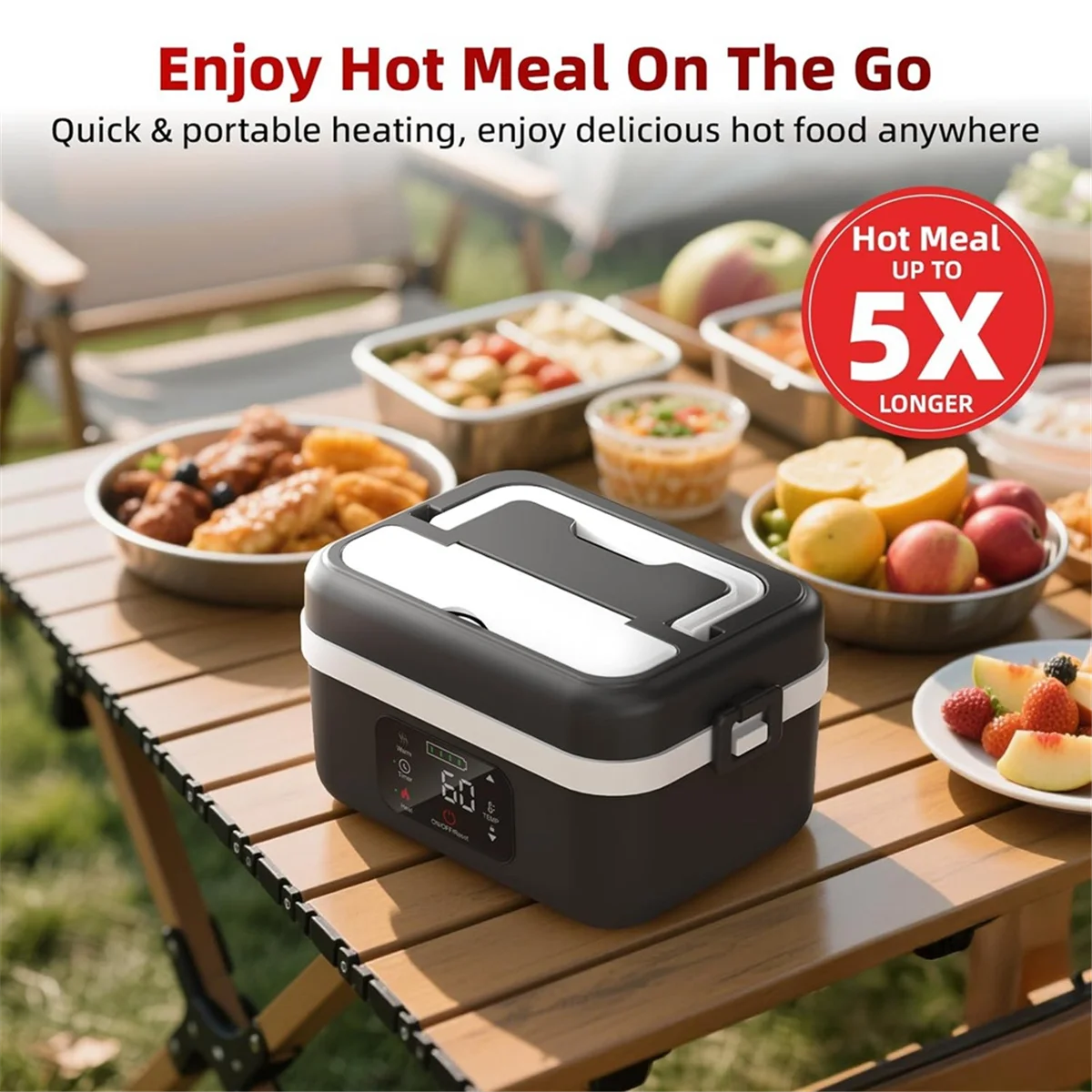 B59B-Electric Heated Lunch Box Rechargeable Self Heating Food Warmer With 1L Container Fork Spoon For Outdoor AU Plug